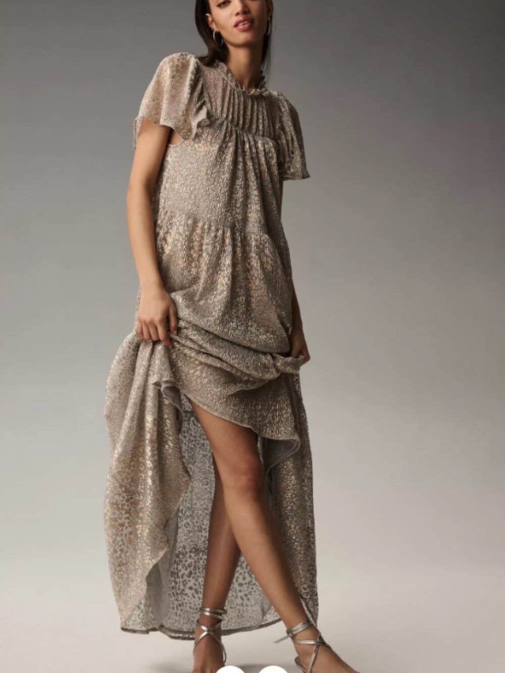 NWT Anthropologie Women's Large Short-Sleeve Mock-Neck Maxi Dress Metallic - Picture 1 of 8